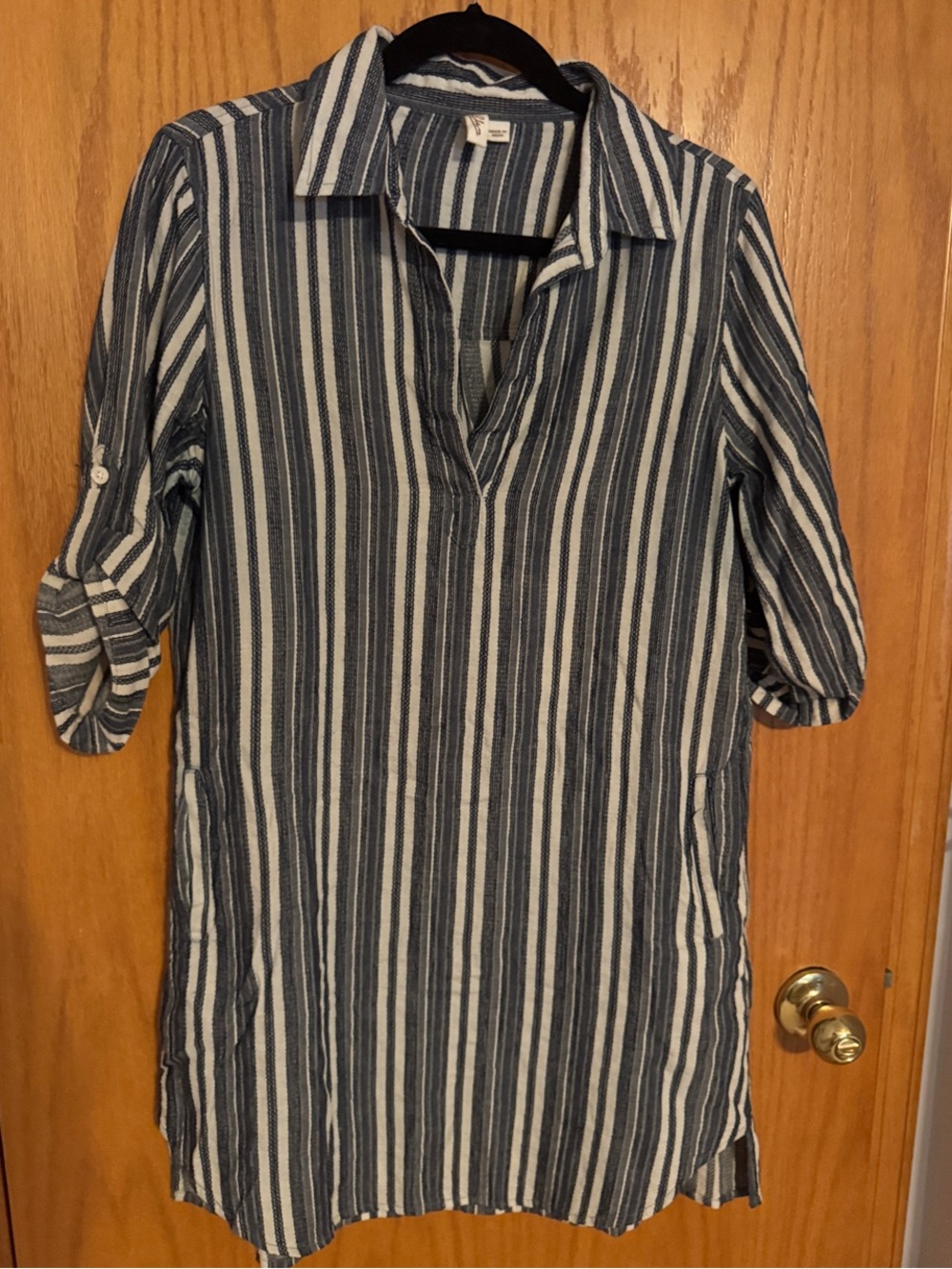 Elan Striped Navy and Light Grey Tunic Top